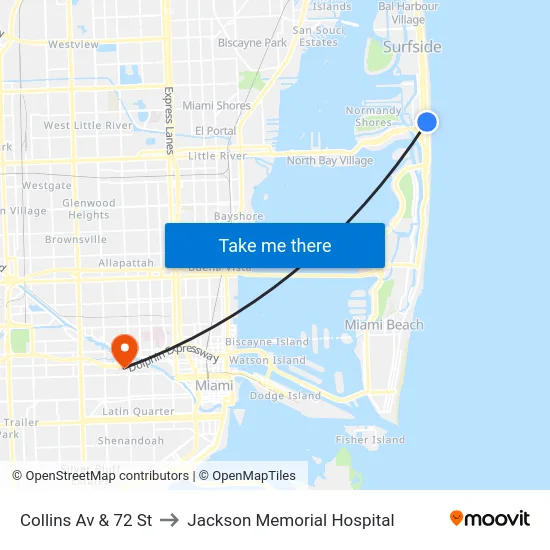 Collins Av & 72 St to Jackson Memorial Hospital map