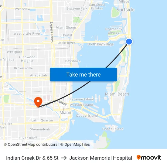 Indian Creek Dr & 65 St to Jackson Memorial Hospital map
