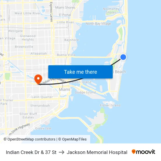 Indian Creek Dr & 37 St to Jackson Memorial Hospital map