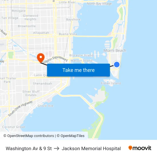 Washington Av & 9 St to Jackson Memorial Hospital map