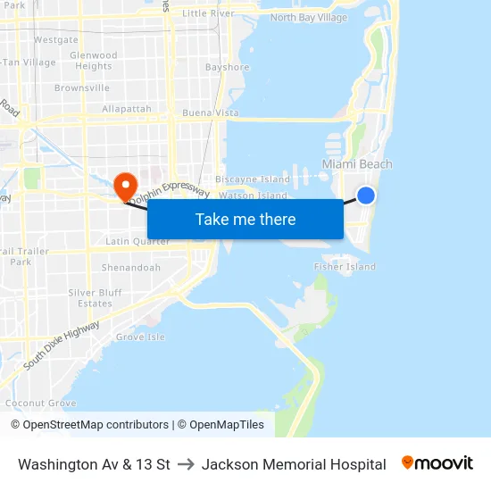 Washington Av & 13 St to Jackson Memorial Hospital map