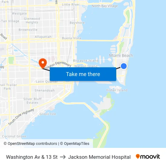 Washington Av & 13 St to Jackson Memorial Hospital map