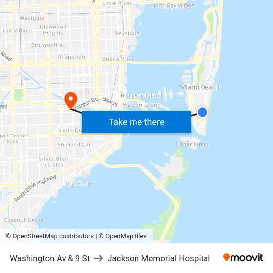 Washington Av & 9 St to Jackson Memorial Hospital map