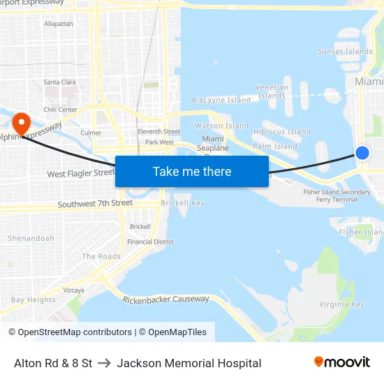 Alton Rd & 8 St to Jackson Memorial Hospital map
