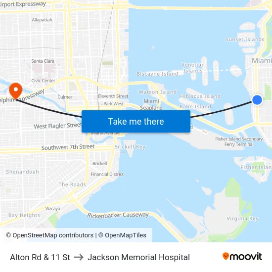 Alton Rd & 11 St to Jackson Memorial Hospital map