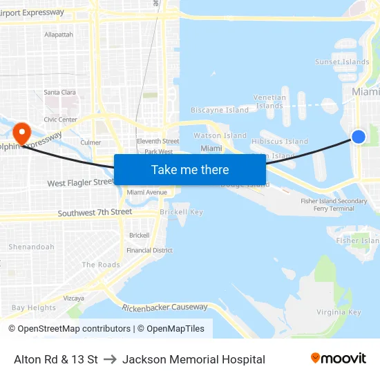 Alton Rd & 13 St to Jackson Memorial Hospital map
