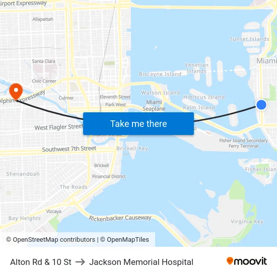 Alton Rd & 10 St to Jackson Memorial Hospital map