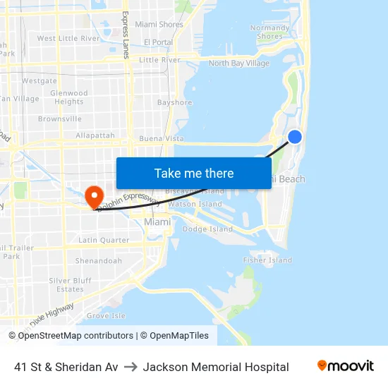 41 St & Sheridan Av to Jackson Memorial Hospital map