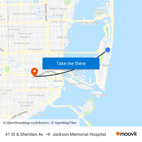 41 St & Sheridan Av to Jackson Memorial Hospital map