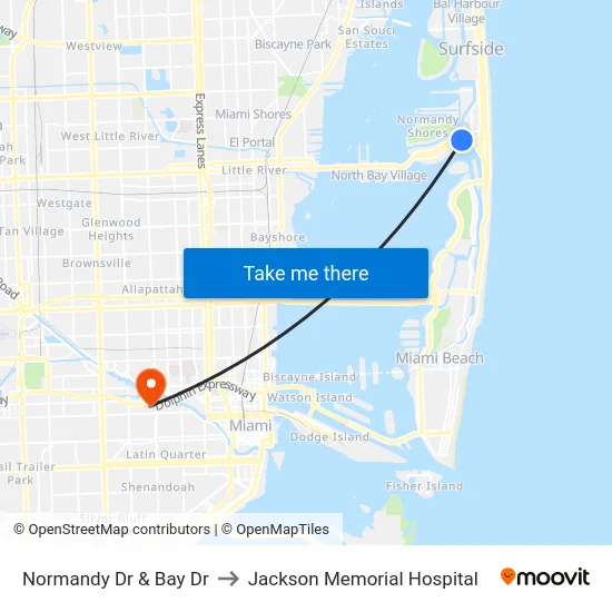 Normandy Dr & Bay Dr to Jackson Memorial Hospital map
