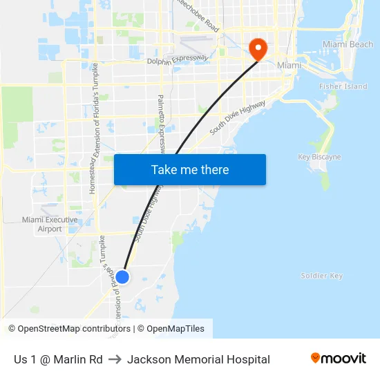 Us 1 @ Marlin Rd to Jackson Memorial Hospital map