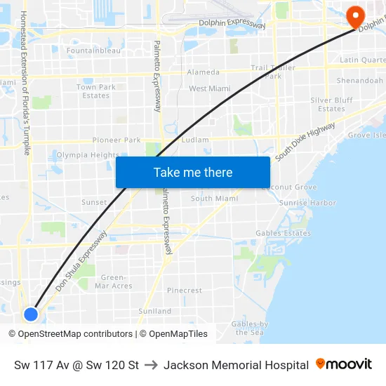 Sw 117 Av @ Sw 120 St to Jackson Memorial Hospital map