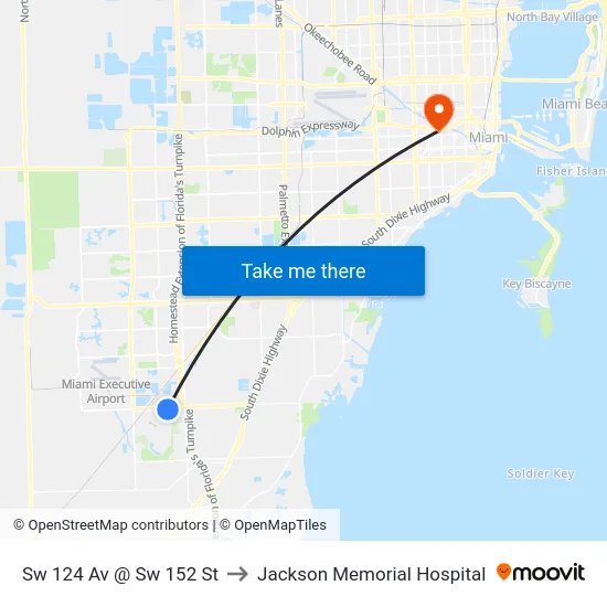 Sw 124 Av @ Sw 152 St to Jackson Memorial Hospital map
