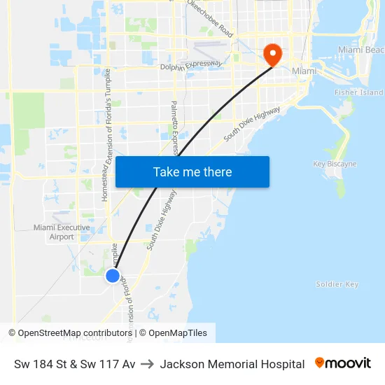 Sw 184 St & Sw 117 Av to Jackson Memorial Hospital map