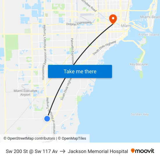 Sw 200 St @ Sw 117 Av to Jackson Memorial Hospital map