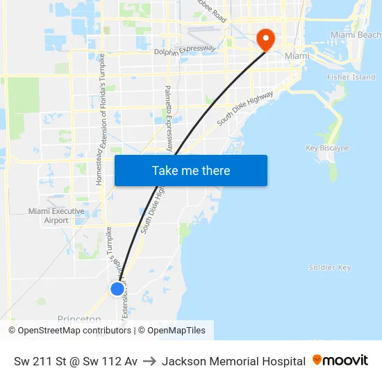 Sw 211 St @ Sw 112 Av to Jackson Memorial Hospital map