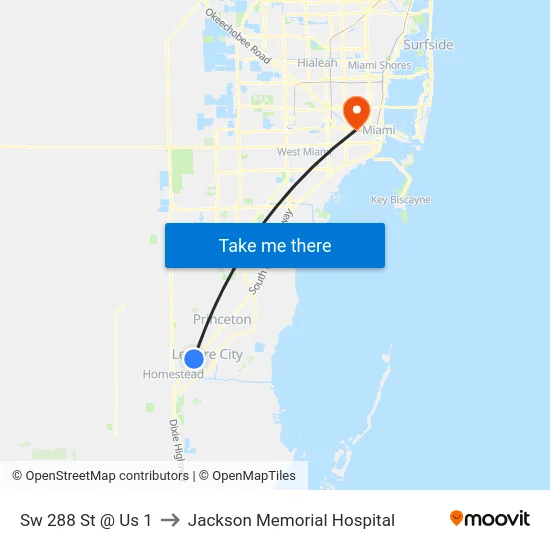 Sw 288 St @ Us 1 to Jackson Memorial Hospital map