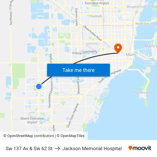 Sw 137 Av & Sw 62 St to Jackson Memorial Hospital map