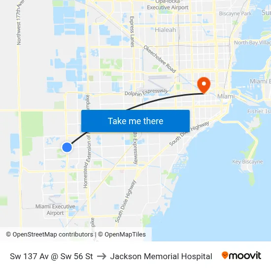 Sw 137 Av @ Sw 56 St to Jackson Memorial Hospital map