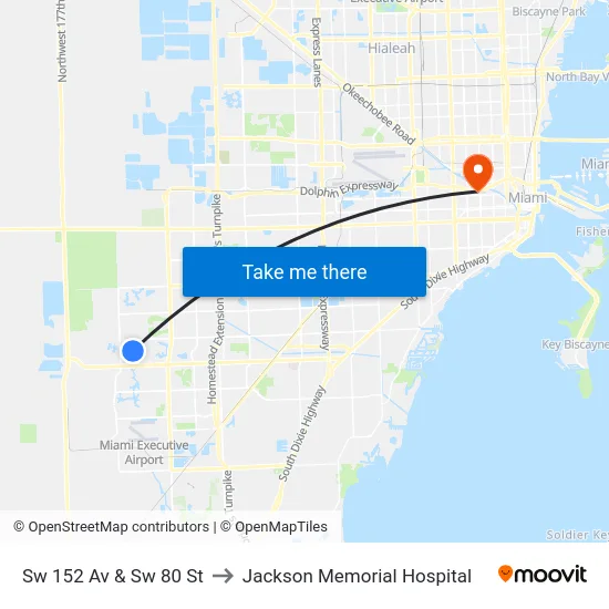 Sw 152 Av & Sw 80 St to Jackson Memorial Hospital map