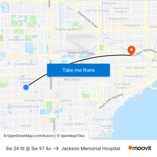 Sw 24 St @ Sw 97 Av to Jackson Memorial Hospital map