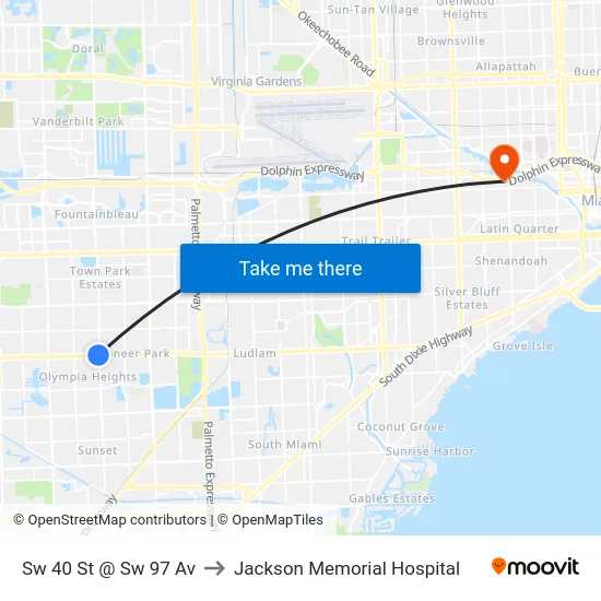 Sw 40 St @ Sw 97 Av to Jackson Memorial Hospital map