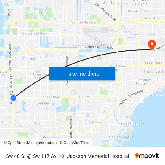 Sw 40 St @ Sw 117 Av to Jackson Memorial Hospital map