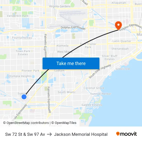 Sw 72 St & Sw 97 Av to Jackson Memorial Hospital map