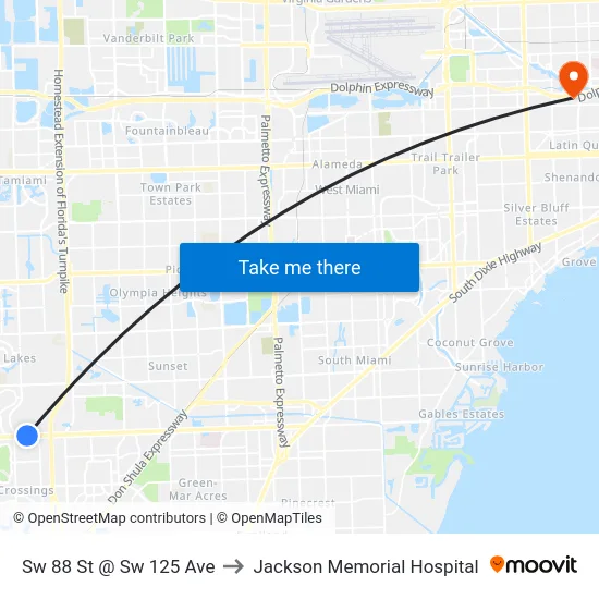 Sw 88 St @ Sw 125 Ave to Jackson Memorial Hospital map