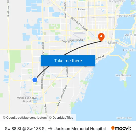 Sw 88 St @ Sw 133 St to Jackson Memorial Hospital map