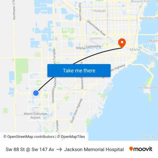 Sw 88 St @ Sw 147 Av to Jackson Memorial Hospital map