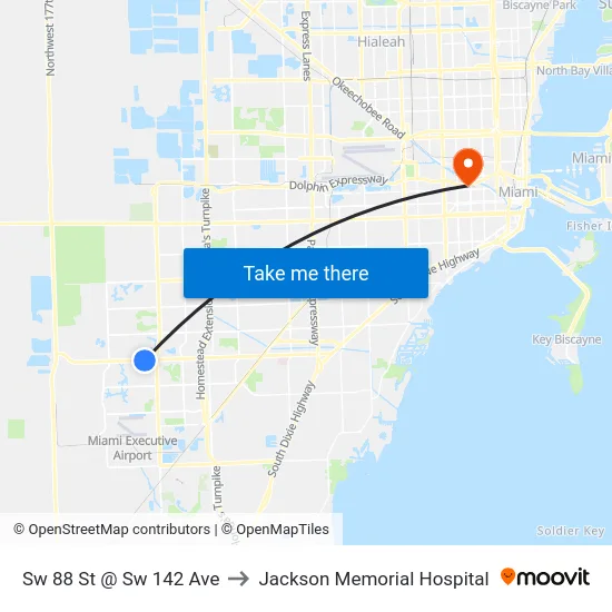 Sw 88 St @ Sw 142 Ave to Jackson Memorial Hospital map