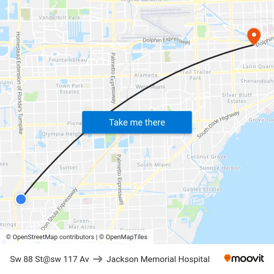 Sw 88 St@sw 117 Av to Jackson Memorial Hospital map