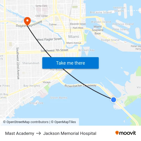 Mast Academy to Jackson Memorial Hospital map