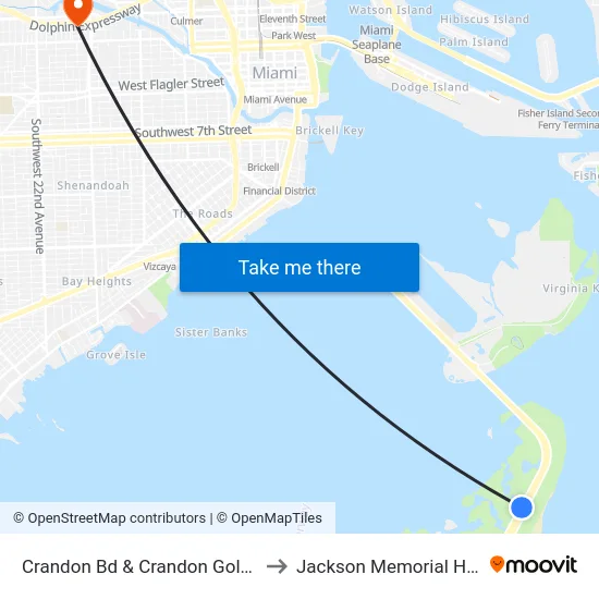 Crandon Bd & Crandon Golf Course to Jackson Memorial Hospital map