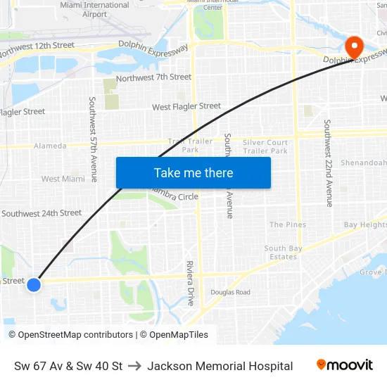 Sw 67 Av & Sw 40 St to Jackson Memorial Hospital map