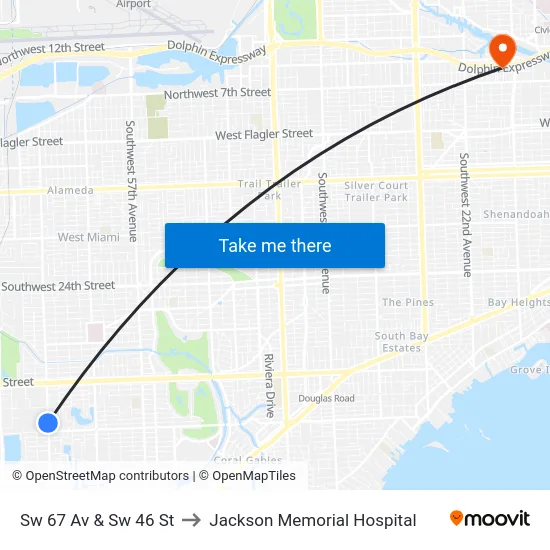 Sw 67 Av & Sw 46 St to Jackson Memorial Hospital map