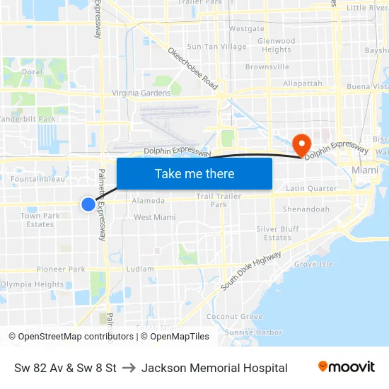 Sw 82 Av & Sw 8 St to Jackson Memorial Hospital map