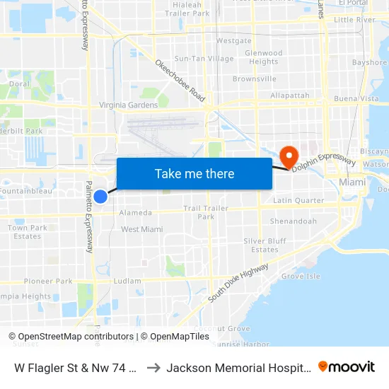 W Flagler St & Nw 74 Av to Jackson Memorial Hospital map