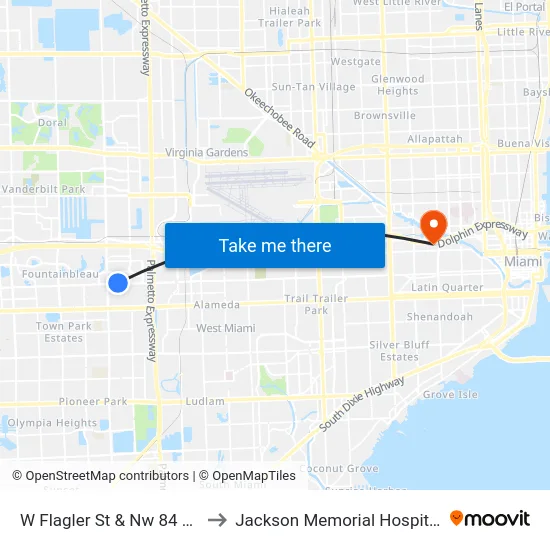 W Flagler St & Nw 84 Av to Jackson Memorial Hospital map