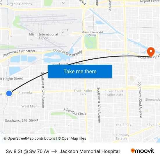 Sw 8 St @ Sw 70 Av to Jackson Memorial Hospital map
