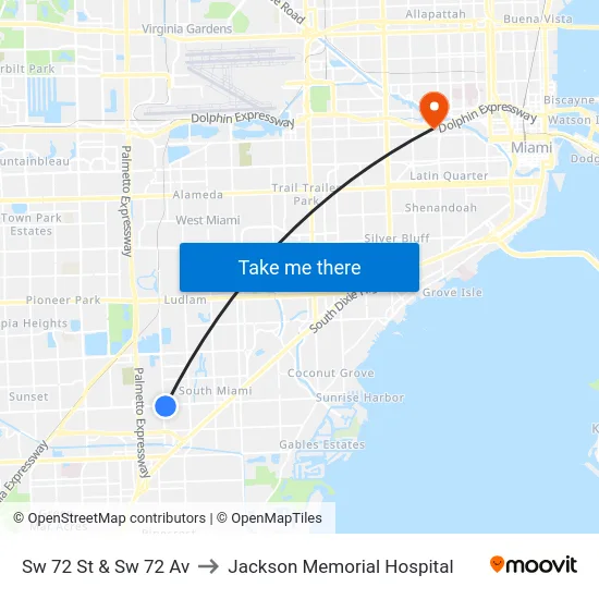Sw 72 St & Sw 72 Av to Jackson Memorial Hospital map
