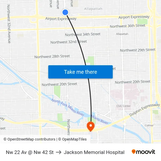 Nw 22 Av @ Nw 42 St to Jackson Memorial Hospital map