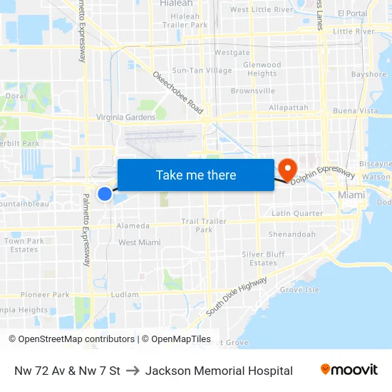 Nw 72 Av & Nw 7 St to Jackson Memorial Hospital map