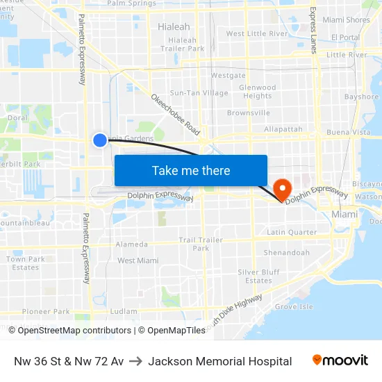 Nw 36 St & Nw 72 Av to Jackson Memorial Hospital map