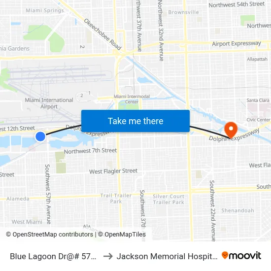 Blue Lagoon Dr@# 5757 to Jackson Memorial Hospital map