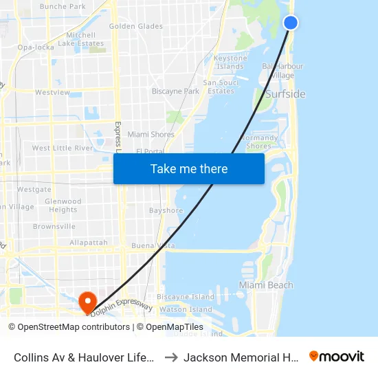 Collins Av & Haulover Lifeguard B to Jackson Memorial Hospital map