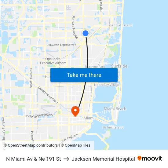 N Miami Av & Ne 191 St to Jackson Memorial Hospital map