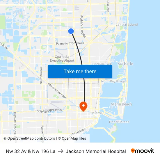 Nw 32 Av & Nw 196 La to Jackson Memorial Hospital map