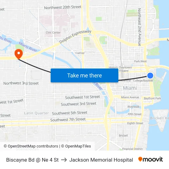 Biscayne Bd @ Ne 4 St to Jackson Memorial Hospital map